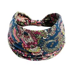 a multicolored bandana with paisley designs on the front and back, in blue