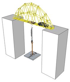 an image of a yellow bridge being lifted from the ground by a crane with chains attached to it