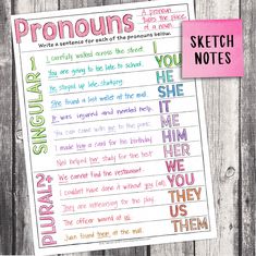 a printable poster with the words pronouns and some other things on it