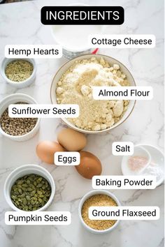 ingredients to make an egg recipe on a marble countertop with text overlay that says ingredients