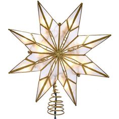 a christmas tree topper that has a star on it with lights in the shape of a snowflake