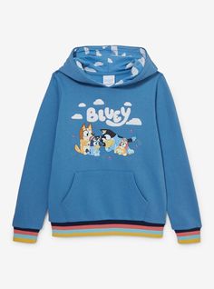 Cozy up for some family fun with this Bluey sweatshirt! Featuring a design of the Heeler family between embroidered flowers and chenille clouds  this hoodie also includes a multicolored hem. With cloud print inside the hood and front pocket  this jacket is perfect for your little one.A BoxLunch Exclusive!52% cotton; 48% polyesterListed in youth sizesWash cold with like colors; dry lowDo not iron over printImported Bluey Merch, Bluey Family, Holiday Hoodies, Cloud Print, Kids Tv, Youth Hoodies, Boys Clothes, Disney Gifts, Family Portrait