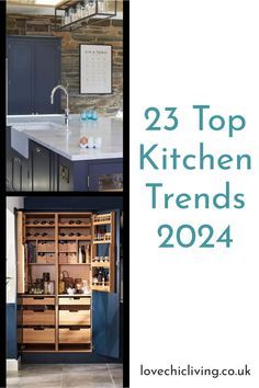 the kitchen has blue cabinets and white counter tops, with text overlay that reads 25 top kitchen trends 2012