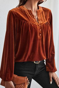 Features: Decorative button Sheer: Opaque Stretch: Slightly stretchy Material composition: 95% polyester, 5% elastane Care instructions: Machine wash cold. Tumble dry low. Imported Product measurements: S: bust 42.5 in, shoulder 15 in, sleeve length 24.2 in, length 25.4 inM: bust 44.9 in, shoulder 15.6 in, sleeve length 24.6 in, length 26.1 inL: bust 47.2 in, shoulder 16.2 in, sleeve length 25 in, length 26.9 inXL: bust 50.3 in, shoulder 17 in, sleeve length 25.4 in, length 27.7 in Lantern Sleeve Top, Velvet Blouses, Velvet Top, Beaded Top, Velvet Tops, Lantern Sleeve, Lantern Sleeves, Flared Sleeves, V Neck Tops