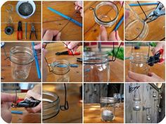 many different pictures of mason jars with scissors and wires in them, all being used to make something