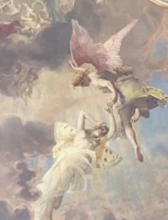 the painting depicts two angels in flight