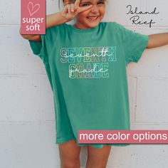 - This Is A Premium Youth Comfort Colors® Shirt - 8/7/24 PLEASE READ INFORMATION BELOW:  Get your kids ready for the first day of school with our Comfort Colors® Seventh Grade Kids Shirt, perfect for any 7th grader! This 7th Grade Youth Shirt is an ideal gift for elementary school students, offering comfort and style as a top choice for back to school tees.  Our Seventh Grade TShirt is designed for both boys and girls, making it a great gift for 7th grade kids. Shop now for the best Seventh Grad Green Tops With Name Print For Summer, Green Short Sleeve Tops With Name Print, Green Short Sleeve Top With Name Print, Green Summer Tops With Name Print, Green Pre-shrunk Shirt For School, Green Relaxed Fit Top With Name Print, Green Short Sleeve School Shirt, Green Short Sleeve Shirt For School, Green Letter Print T-shirt For End Of School Year