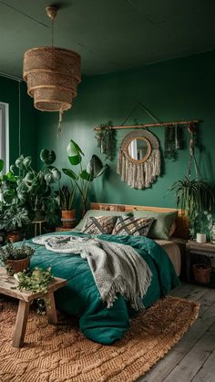 a bedroom with green walls and plants on the wall