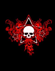 a skull and star on a black background with red flowers in the center, as well as an ornate border