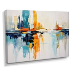 an abstract painting with blue, yellow and orange colors on the wall above it is a large cityscape