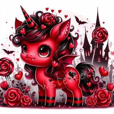 a drawing of a little pony with roses on it's head and hearts around its neck