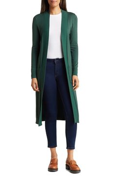 BY DESIGN Tribec Knee Length Cardigan | Nordstromrack Versatile Open Front Cardigan For Layering, Casual Long Cardigan For Work, Solid Color Open Front Relaxed Fit Cardigan, Solid Color Open Front Cardigan With Relaxed Fit, Solid Open Front Cardigan With Relaxed Fit, Green Open Front Outerwear For Layering, Fall Green Stretch Cardigan, Fitted Open Front Sweater Coat For Layering, Fitted Open Front Outerwear For Everyday