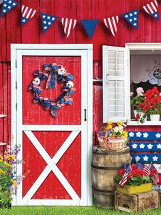 Patriotic Barn Door Photography Backdrop - Patriotic barn door photography backdrop with a red barn door Barn Backdrop, Red Barn Door, Portable Backdrop, Door Photography, Backdrop Photography, Printed Photo, Paper Backdrop, Festive Wreath, Photoshoot Themes