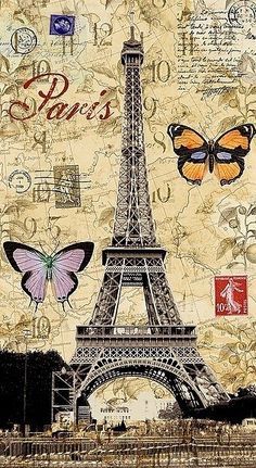 the eiffel tower with butterflies and stamps on it's back wallpaper