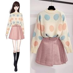 Super Cute Polka Dot Top Cozy And Comfy Sweater Only Cute Korean Outfits Kawaii, Winter Skirt Outfit, Yellow Long Sleeve, Clothes Korean Style, Polka Dot Sweater, Comfy Sweater, Kawaii Fashion Outfits, Sweater Cream, Korean Fashion Dress