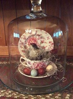 a glass clochel with some eggs in it and a bird sitting on top