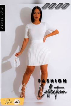 Solid Knitting Short Sleeve Top Pleated Skirt Sets Trendy Stretch Knit Skirt, Trendy Knit Stretch Skirt, Trendy Fitted Knit Skirt, Trendy Knit Fitted Skirt, Spring Party Knit Skirt, Chic Fitted Ribbed Skirt, Casual Knitted Skirt For Spring, Fitted Knit Skirt For Summer, Chic Ribbed Summer Skirt