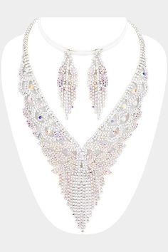 Necklace Size: 16" + 4" L Earring Size: 2.6" L Necklace and Earrings set L Necklace, Rhinestone Jewelry Set, Necklace And Earrings Set, Necklace Size, Silver Rhinestone, Necklace And Earrings, Necklace Sizes, Necklace Earring Set, Collar Necklace