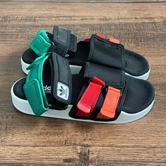 Adidas Adilette Sandals 4.0 ‘Black Red Orange Green’ (Size Us Mens 5/Wmns 6 & Mens 6/Wmns 7). Condition Is New With Tags. Come As Seen In Pictures. Any Questions Send A Message Sandals With Socks, Adidas Sandals, Adidas Adilette, Shoes Adidas, Adidas Black, Mens Sandals, Black Adidas, Adidas Shoes, Women's Sandals