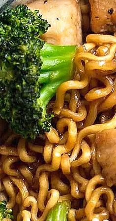 broccoli and noodles are mixed together in a bowl