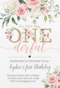 a birthday party with pink roses and greenery on the front, in gold foil