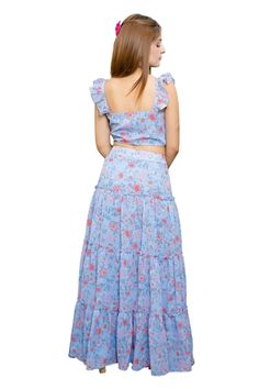 Blue crop top with all over floral print. Comes with matching tiered frill skirt. - Aza Fashions Spring Ruffled Sets With Tiered Skirt, Fitted Tiered Skirt Sets For Spring, Blue Fitted Tiered Skirt Set, Crop Top With Skirt, Top With Skirt, Frill Skirt, Blue Crop Top, Women Skirt, Floral Squares