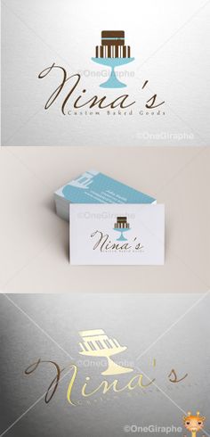 three different business cards and envelopes, one with a cake on the front and one with