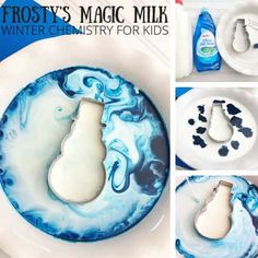 a collage of photos showing how to make a frosty white and blue dish