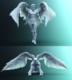 two different angles of an animated man with wings