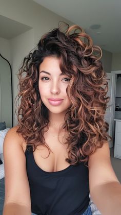 26 Curly Haircuts for Every Face Shape In 2024 Curly Haircuts Heart Shaped Face, Curly Hair Color Balayage, Balayage Chocolate, Deep Auburn Hair, 2024 Haircut, 2024 Haircuts, Girl Hair Styles, Hair Color For Brown Skin, Long Curly Haircuts