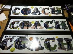 three framed photos with the words coach and softball on them are sitting next to each other