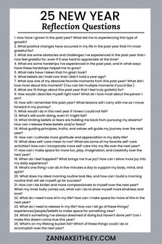 the 25 new year reflection questions are shown in this printable question sheet for students