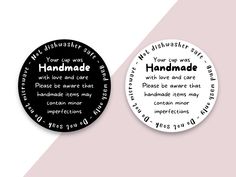 two black and white coasters with handmade words on the bottom one has a pink background