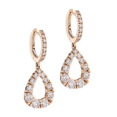 Glimmering with diamonds, these 18kt rose gold hoop drop earrings are a must-have for any fine jewellery collection! Indulge yourself or a loved one with this stunningly sophisticated and elegant earrings crafted with meaningful expertise. Pave Diamond Rose Gold Earrings 18kt. Rose Gold Hoop Drop Earrings Diamonds: 2.16ct F-SI Diamond Pave SKU: 21715 372-3437 Elegant Rose Gold Hoop Earrings With Diamond Accents, Rose Gold Drop Diamond Earrings, Rose Gold Diamond Dangle Earrings, Rose Gold Prong Setting Drop Diamond Earrings, Rose Gold Teardrop Hoop Earrings Fine Jewelry, Rose Gold Teardrop Hoop Earrings, Elegant Rose Gold Hoop Diamond Earrings, Elegant Huggie Diamond Earrings With Halo Design, Fine Jewelry Rose Gold Teardrop Huggie Earrings