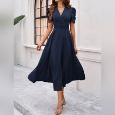 New Classic Flowy Textured Stripe Midi Dress * Puffed Short Sleeve * V Neck * Ruched High Waist * Flared Midi Skirt * Back Zip *Approximate Unstretched Measurements* Small (4) *Bust 36.5" *Waist 28.5" * Sleeve Length 9.75" * Length 50.25" Medium (6) *Bust 38.25" *Waist 30.25"* Sleeve Length 10" * Length 50.75" Large (8/10) *Bust 40.5" *Waist 32.5" * Sleeve Length 10.25" * Length 51.25" Xl (12) *Bust 43" *Waist 35" * Sleeve Length 10.5" * Length 51.5" Xxl (14) *Bust 45.25" *Waist 37.25" * Sleeve High Neck Blue Dress, Navy Semi Formal Dresses, Blue Puff Sleeve Dress With Pleated Sleeves For Summer, Fitted Blue Puff Sleeve Dress With Pleated Sleeves, Ruched A-line Puff Sleeve Dress, Blue Fitted Ruched Puff Sleeve Dress, Chic Blue Puff Sleeve Dress With Ruched Detail, Solid Color Ruched Dress With Puff Sleeves, Chic Blue Ruched Puff Sleeve Dress