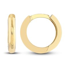 Versatile 11.5mm round tubes are polished to a high shine in these classic women's huggie earrings. Fashioned in 14K yellow gold, the earrings secure in place with hinged backs. Classic Yellow Gold Tarnish Resistant Huggie Earrings, Classic Yellow Gold Tarnish-resistant Huggie Earrings, Classic 14k Yellow Gold Huggie Earrings, Classic Round Huggie Earrings Tarnish Resistant, Classic Huggie Hoop Earrings For Formal Occasions, Classic Round Huggie Earrings, Classic Tarnish Resistant Huggie Earrings, Classic Huggie Earrings, Classic Tarnish-resistant Huggie Earrings