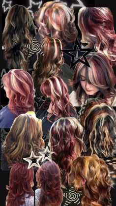 Cool Red Hair Dye Ideas, Hair Color Ideas Chunky Highlights, What Colour To Dye Your Hair, Hair Color Ideas For Dish Water Blonde, Calico Skunk Hair, Red And Blonde Streaks, Calico Colored Hair, Long Calico Hair, Curly Hair Dye Ideas Streaks