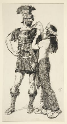 a drawing of two men dressed in costumes and hats, one with his arm around the other's shoulder