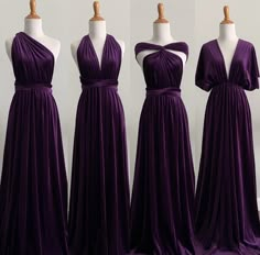 three bridesmaid dresses on mannequins, one in purple and the other in white