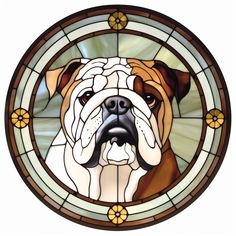 a stained glass window with an image of a bulldog