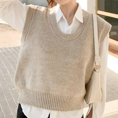 Women's Sleeveless Crewneck Knitted Tank Top - Maple Collared Shirt With Vest, Vest Top Styling, Vest Outfits With Skirts, Round Neck Vest Outfits, Shirt Vest Outfits For Women, Sleeveless Vest Outfits For Women, Styling Vests Women, Beige Vest Outfits For Women, Vest Shirt Outfit