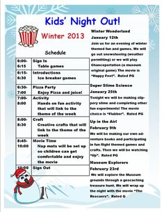 the kids'night out flyer for winter 2013, with snowman and popcorn buckets