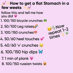 a pink poster with the words how to get a flat stomach in a few weeks