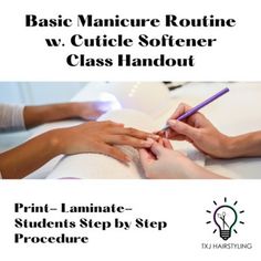 This resource has been developed after years of experimenting in a Hairstyling and Aesthetics class. It follows industry standards and provides students with the steps for a basic manicure routine using cuticle softener instead of soaking fingers in a manicure bowl. The handout should be printed (in colour, if possible) and laminated for students to use regularly throughout the semester. It is fully editable if you would like to add or subtract steps. I also developed this resource with keeping Arm Massage, Manicure Bowl, Basic Manicure, Manicure Routine, Manicure Steps, Individual Education Plan, Cuticle Softener, February Nails, Differentiated Instruction