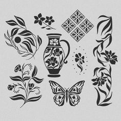 an assortment of flowers and vases are shown in black on a white paper background