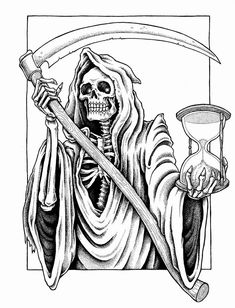 a skeleton holding an hourglass and a sculler