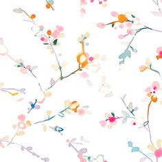 a white background with pink and yellow flowers on it's branches, all in different colors