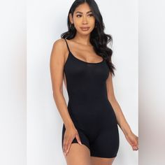 Backless Cami Romper, Crafted From Breathable, Super-Stretchy Material That Is Both Soft And Light As A Feather. Fabric Details: 92% Polyester, 8% Spandex Black Sleek Shapewear With Built-in Bra, Seamless Bodycon Bodysuit For Night Out, Stretch Bodysuit With Built-in Bra For Night Out, Seamless Black Bodysuit For Night Out, Black Seamless Bodysuit For Night Out, Seamless Solid Shapewear For Night Out, Summer Black Backless Shapewear, Black Backless Shapewear For Summer, Chic Black Lined Body Shapewear