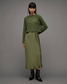 Satin Slip Dress Outfit, Slip Dress Outfit, Midi Dress Outfit, Jumper Outfit, Midi Slip Dress, Slip Skirt, Khaki Dress, Satin Midi Dress, Green Midi Dress