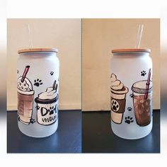 two pictures of coffee cups with straws and dogs paw prints on them, side by side